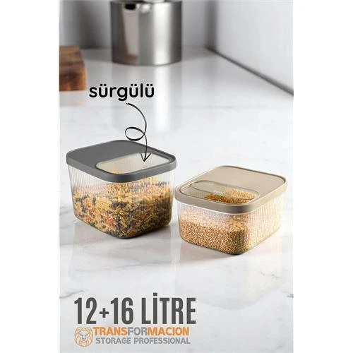 Modacar Erzak Bakliyat Kutusu Sürgülü Kapak Saklama Kabı 12 ve 16 Litre 2 li ürün görseli 1