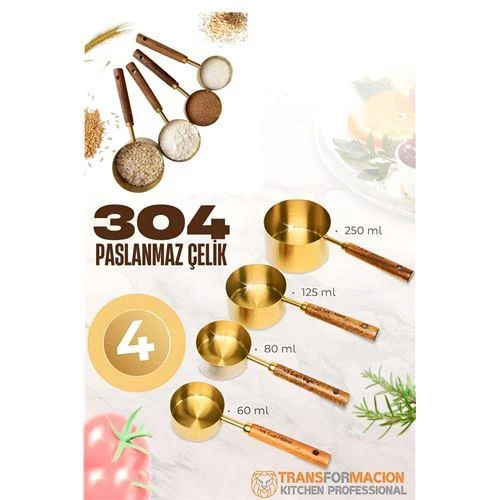 Modacar 4 lü Ölçü Kabı 304 Paslanmaz Çelik Masif Ahşap Saplı ürün görseli 1