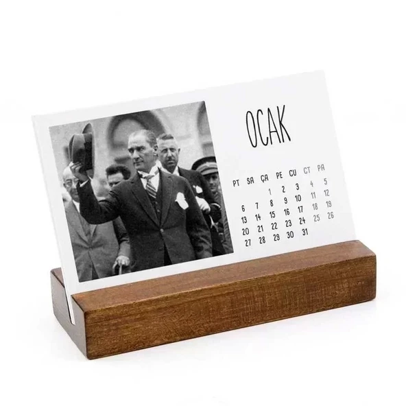 Ahşap Tabanlı Atatürk Fotoğraflı Masa Takvimi | 2026 Masa Takvimi ürün görseli 1