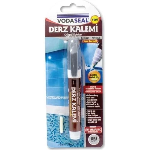 Mey İthalat® Vodaseal Çift Uçlu Su Bazlı Kokusuz Kalıcı Derz Kalemi Gri ürün görseli 1