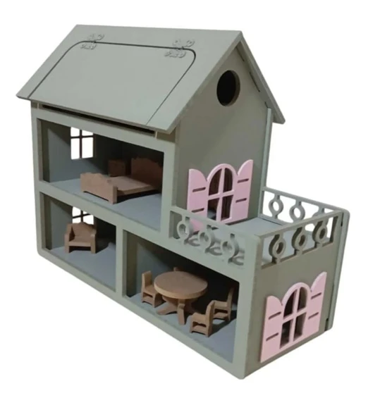 Boyalı Ahşap Çatısı Açılır Oyuncak Barbie Evi (aksesuarlı) ürün görseli 1