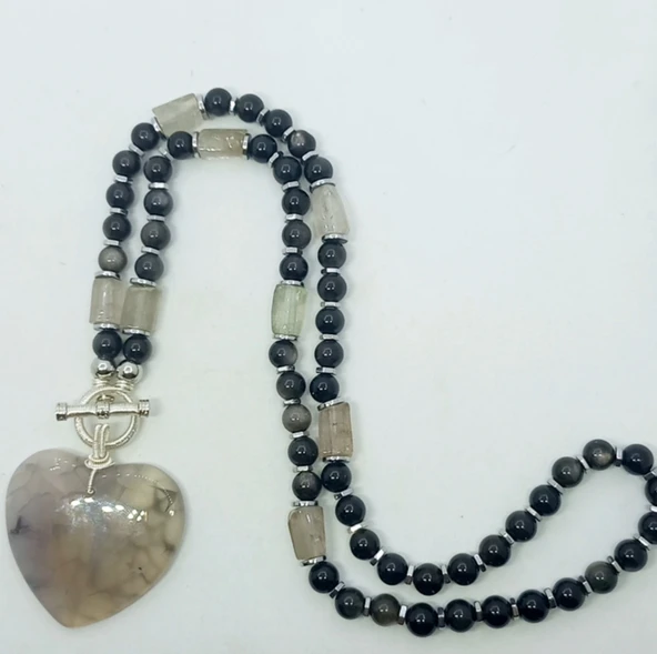 1899 Kalp Akik gümüş Obsidyen el yapımı kolye ürün görseli 1