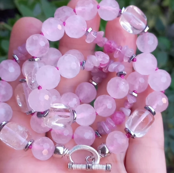 1900 Pembe Kuvars el yapımı kolye - Resim 7