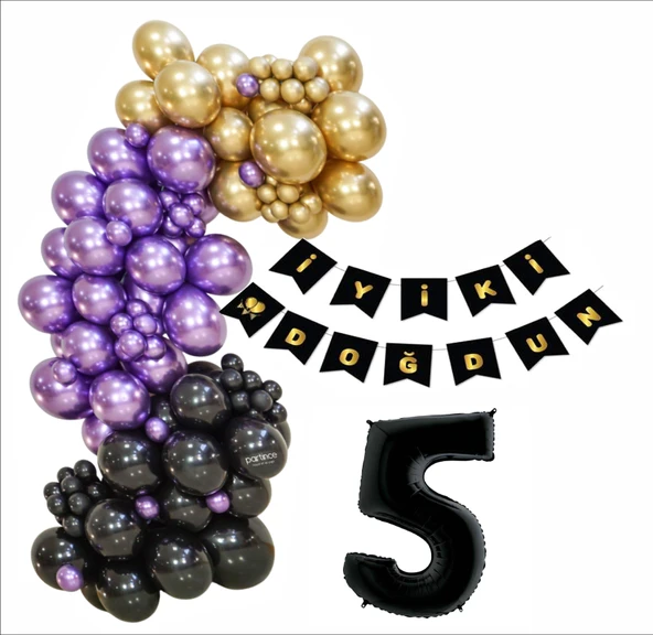 5 Yaş Siyah, Gold, Mor Balon+Banner Seti ürün görseli 1