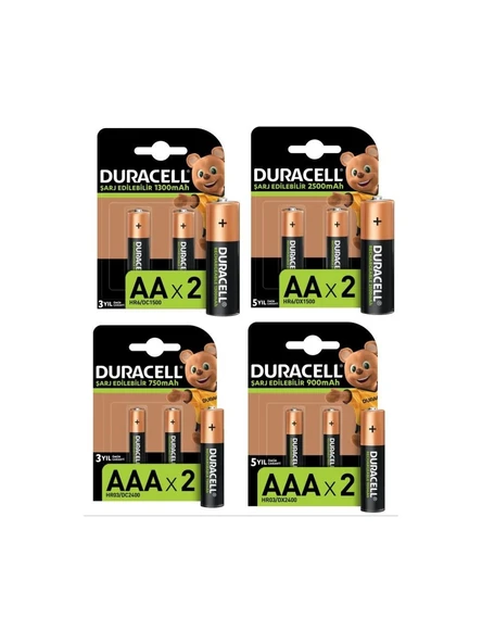 Duracell Şarj Edilebilir Pil Seti 1300Mah+2500Mah+750Mah+900Mah 8 Adet Pil Seti ürün görseli 1