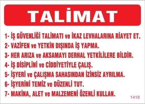 Mey İthalat® İş Güveliği Talimatları Levhası 25x35 KOD:1418 ürün görseli 1