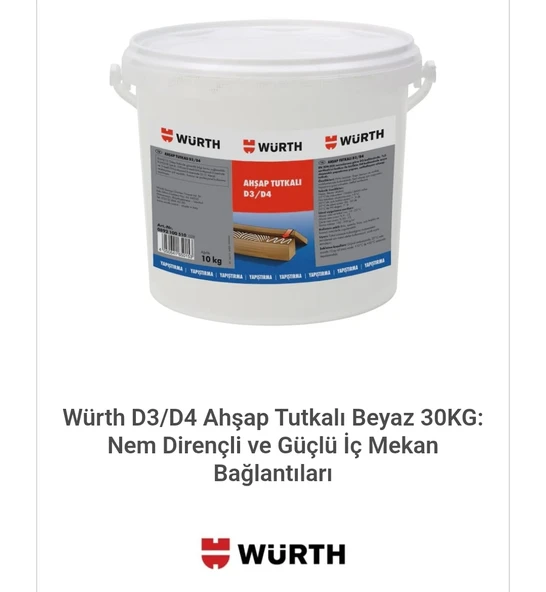 Würth D3/D4 Ahşap Tutkalı Beyaz 30KG: Nem Dirençli ve Güçlü İç Mekan Bağlantıları ürün görseli 1