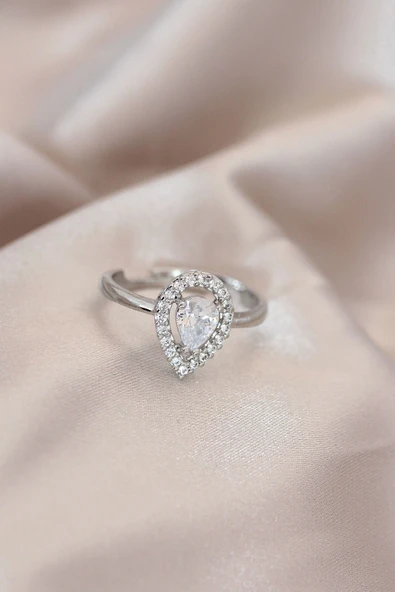 Mey İthalat® Ayarlamalı Silver Renk Metal Zirkon ve Kristal Taşlı Damla Model Yüzük ürün görseli 1