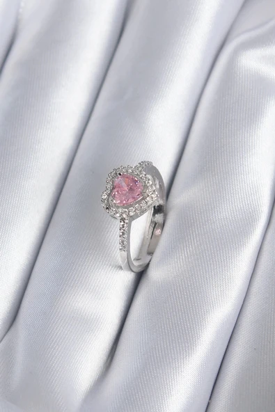 Mey İthalat® Pirinç Gümüş Renk Pembe Zirkon Taş Kalp Charm Model Kadın Yüzük ürün görseli 1