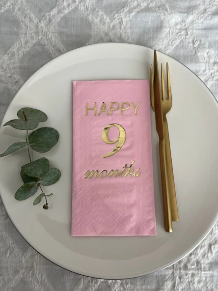 Gold Yaldızlı Pembe Happy 9 Yaş Months Garson Katlama Peçete 16 Adet ürün görseli 1