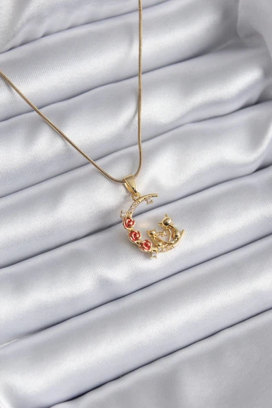 Mey İthalat® 316L Çelik Gold Renk Hilal Kedi Model Zirkon Taşlı Detay Kadın Kolye ürün görseli 1