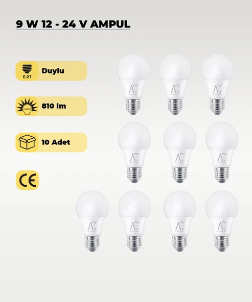 9W 12-24V  Ampul 6500K - Beyaz Işık - E-27 Duy - 10 ADET ürün görseli 1