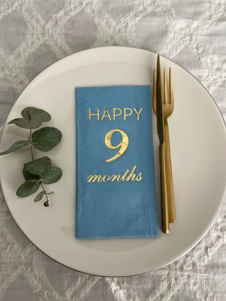 Gold Yaldızlı Mavi Happy 9 Yaş Months Garson Katlama Peçete 16 Adet ürün görseli 1