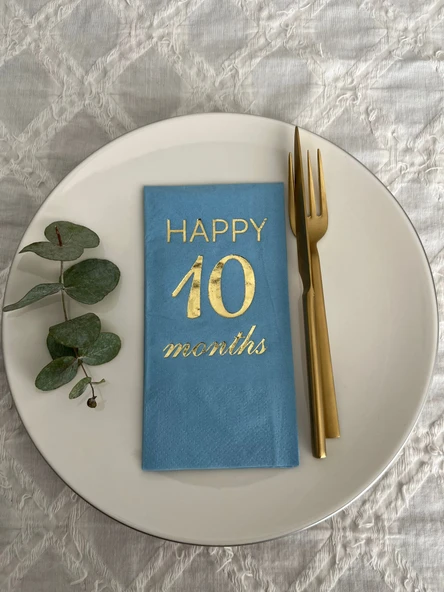 Gold Yaldızlı Mavi Happy 10 Yaş Months Garson Katlama Peçete 16 Adet ürün görseli 1
