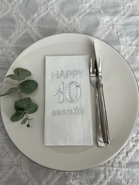 Gümüş Yaldızlı Beyaz Happy 10 Yaş Months Garson Katlama Peçete 16 Adet ürün görseli 1