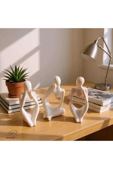 Ar Armese Mermer Görünümlü Düşünen İnsan Figürü 3’lü Set - Dekoratif - Modern Porselen Tozu Obje - 12.5 cm ürün görseli 1