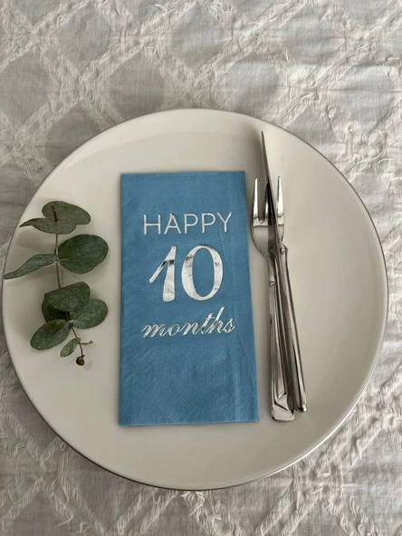 Gümüş Yaldızlı Mavi Happy 10 Yaş Months Garson Katlama Peçete 16 Adet ürün görseli 1
