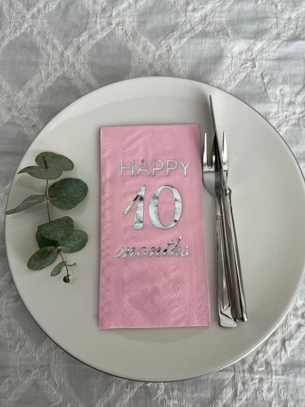 Gümüş Yaldızlı Pembe Happy 10 Yaş Months Garson Katlama Peçete 16 Adet ürün görseli 1