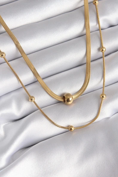Mey İthalat® 316L Çelik Gold Renk İtalyan Zincir Model Topçuk Detay Kadın Kolye ürün görseli 1