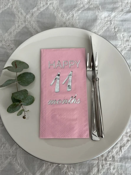 Gümüş Yaldızlı Pembe Happy 11 Yaş Months Garson Katlama Peçete 16 Adet ürün görseli 1
