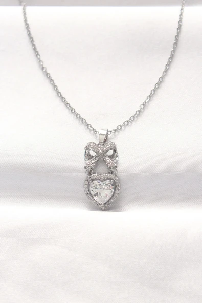 Mey İthalat® 316L Çelik Silver Renk Zirkon Taşlı Kalpli Fiyonk Kolye ürün görseli 1