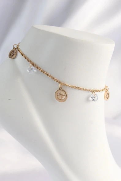 Mey İthalat® 316L Çelik Gold Renk Zirkon Taşlı Yıldızlı Halhal ürün görseli 1