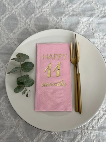 Gold Yaldızlı Pembe Happy 11 Yaş Months Garson Katlama Peçete 16 Adet ürün görseli 1