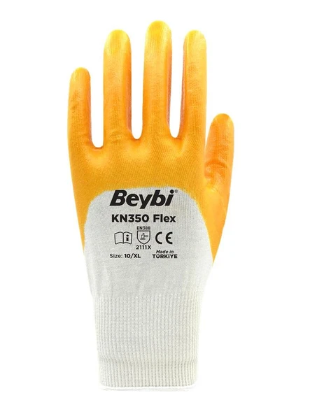 Beybi Pamuk Nitril PMK KN350 Flex 9 Beden Eldiven 12li Paket Beyaz Sarı EN388 (2111X) ürün görseli 1