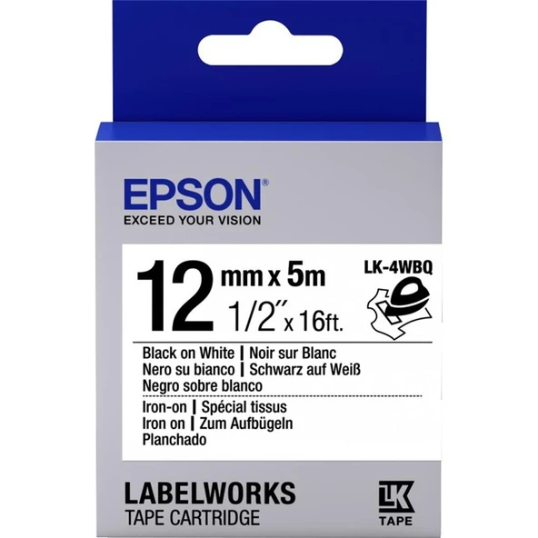 Epson LK-4WBQ Ütüyle Transfer Beyaz Üzeri Siyah 12mm 9Metre Etiket ürün görseli 1