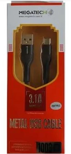 Megatech 3.1A A Örgülü Serisi Usb to Type-c 1mt  Data Kablosu Siyah ürün görseli 1