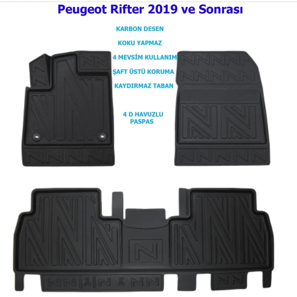 Peugeot Rifter 2019 ve Sonrası 4D Premium Havuzlu Paspas ürün görseli 1