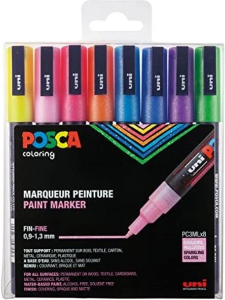 UNI POSCA MARKORU PC-3ML/8C GC 0.9-1.3 SIMLI 8 LI ürün görseli 1