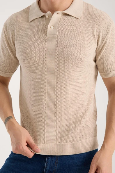 Erkek Polo Yaka Düz Dokulu Bej Kısa Kollu Triko Tişört ürün görseli 1