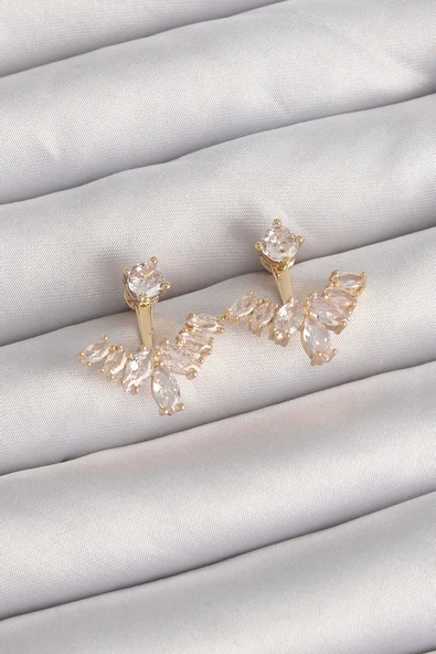 Mey İthalat® Pirinç Gold Renk Zirkon Taşlı V Model Küpe ürün görseli 1