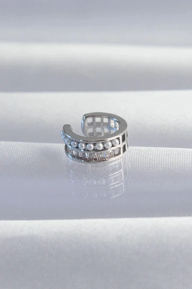 Mey İthalat® Pirinç Gümüş Renk İncili Baget Taşlı Earcuff Küpe ürün görseli 1