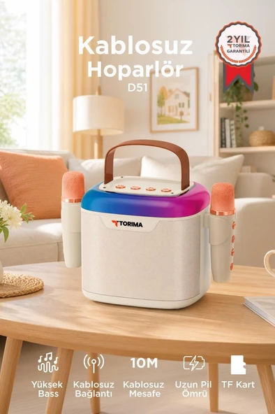 Bluetooth Hoparlör Çift Mikrofonlu Kablosuz Parti Speaker D51 Beyaz ürün görseli 1