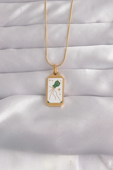 Mey İthalat® 316L Çelik Gold Renk Beyaz Mineli Tarot Kolye ürün görseli 1