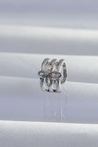 Mey İthalat® Pirinç Gümüş Renk Yonca Earcuff Küpe ürün görseli 1