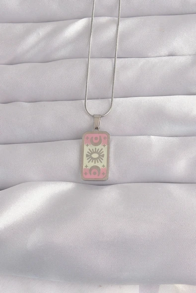 Mey İthalat® 316L Çelik Gümüş Renk Pembe Mineli Ay Figür Tarot Kolye ürün görseli 1