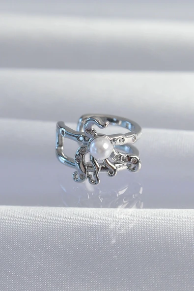 Mey İthalat® Pirinç Gümüş Renk İncili Ahtapot Earcuff Küpe ürün görseli 1