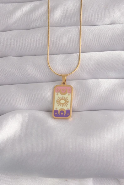 Mey İthalat® 316L Çelik Gold Renk Karışık Mineli Ay Figür Tarot Kolye ürün görseli 1