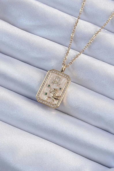 Mey İthalat® 316L Çelik Zincir Altın Renk Zirkon Taşlı Aslan Figürlü Tarot Kolye ürün görseli 1