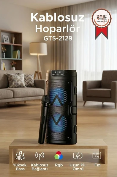 Bluetooth Hoparlör Mikrofonlu Rgb Işıklı Taşınabilir Parti Speaker GTS-2129 Siyah ürün görseli 1
