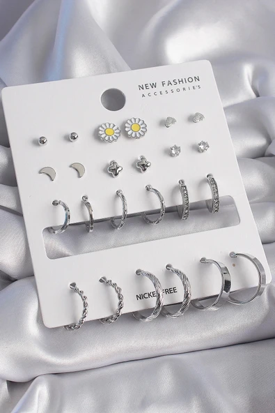 Mey İthalat® Pirinç Gümüş Renk Papatya Detaylı 12 Çiftli Kadın Küpe Seti ürün görseli 1