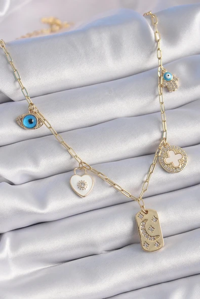 Mey İthalat® Gold Renk Zirkon Taşlı Çoklu Figür Model Şans Kolyesi ürün görseli 1