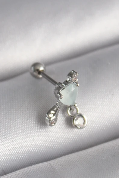 Mey İthalat® 316L Çelik Gümüş Renk Beyaz Minelik Kalp Sallantı Zirkon Taş Detay Tragus Piercing ürün görseli 1