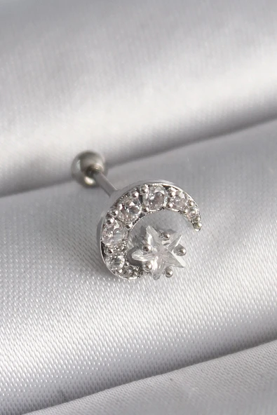 Mey İthalat® 316L Çelik Gümüş Renk Zirkon Taşlı Ay Yıldız Tragus Piercing ürün görseli 1