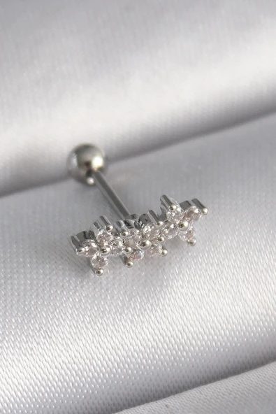 Mey İthalat® 316L Çelik Gümüş Renk Zirkon Taşlı Yonca Tragus Piercing ürün görseli 1