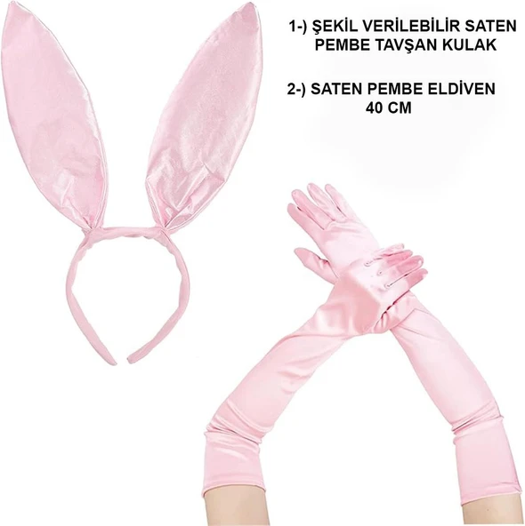 Saten Kaplama Soft Pembe Eldiven ve Tavşan Kulak 2'li Set ürün görseli 1