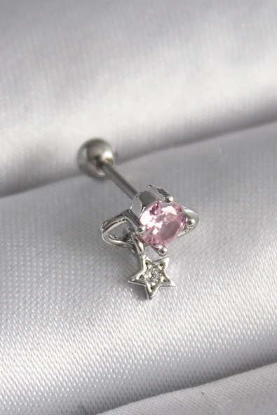 Mey İthalat® 316L Çelik Gümüş Renk Pembe Zirkon Taşlı Sallantı Yıldız Detay Tragus Piercing ürün görseli 1